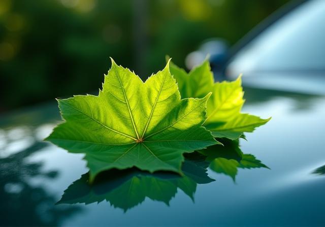 Foglie verdi su cofano auto